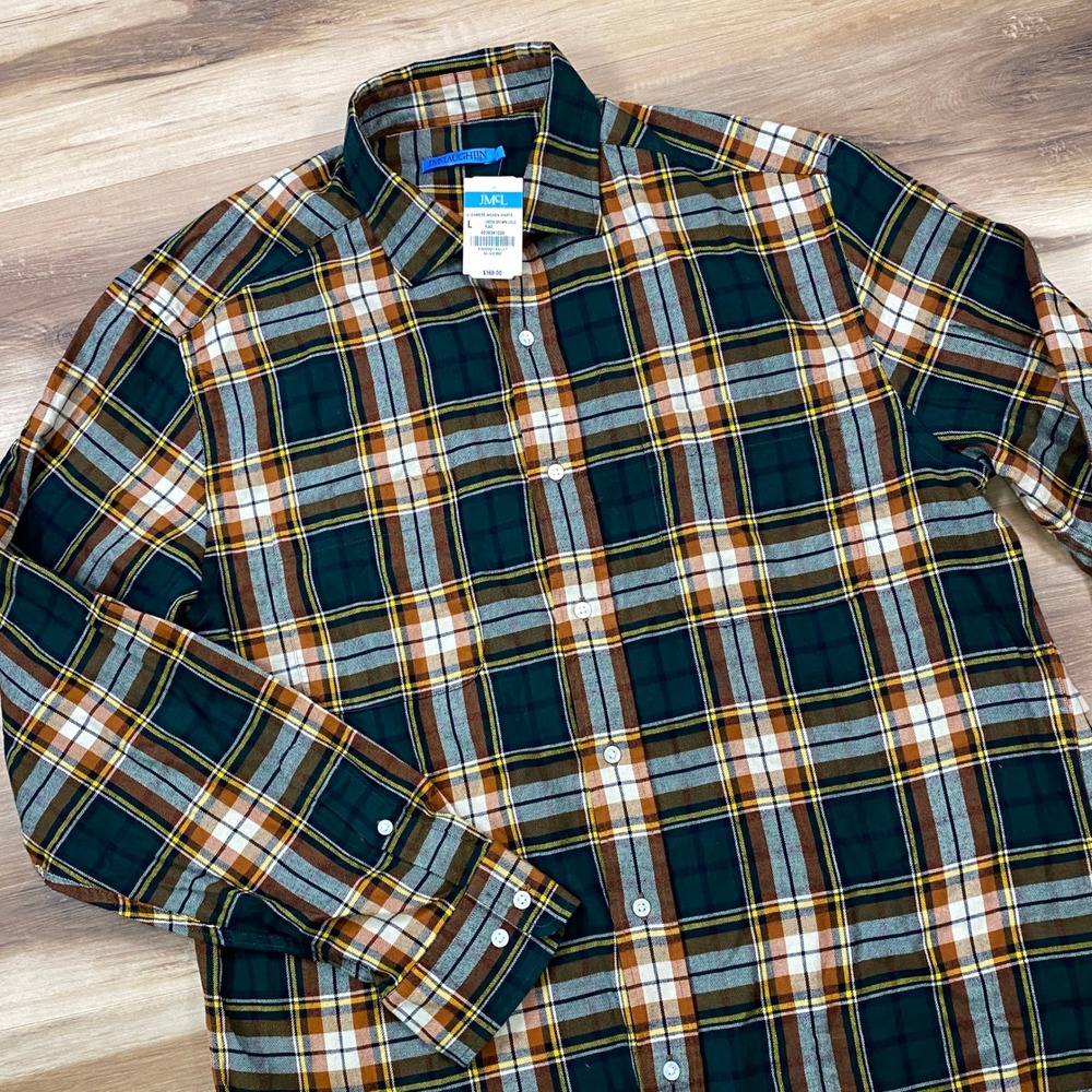 J.McLaughlin Glenmere Shirt Mens L Plaid Cotton Classic Green Brown Gold Ivy New